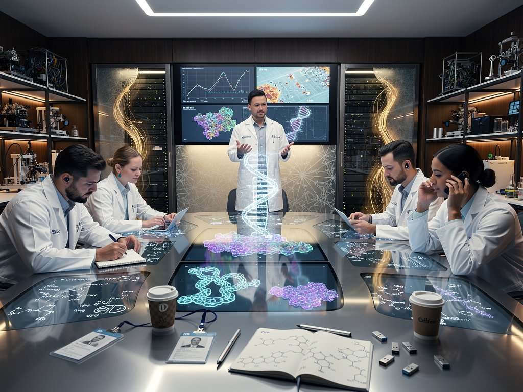 Abstract OpenAI lab scene with holographic protein models and scientists collaborating on AI-driven drug discovery visualizations