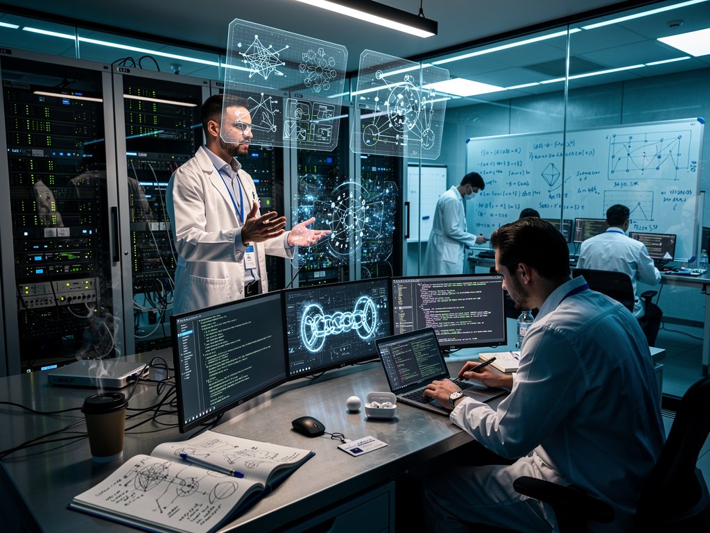 Engineers in high-tech lab analyze AI-blockchain integration on screens with neural networks and Ethereum ledgers