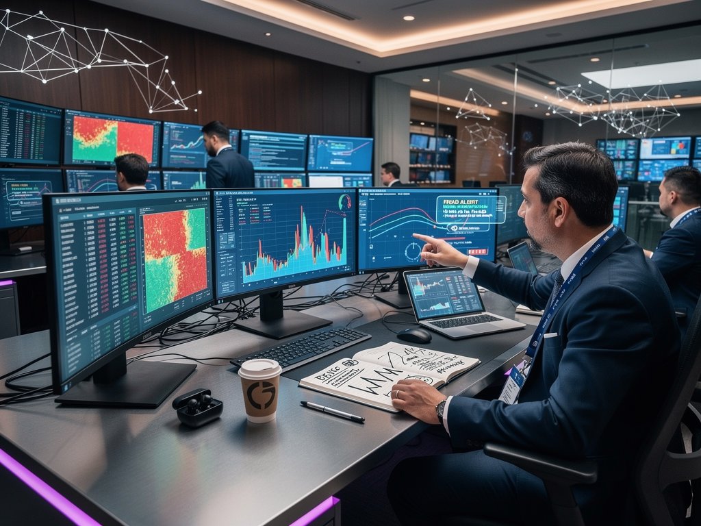 Abstract AI financial dashboards showing treasurer automation and crypto volatility in GovTech environment