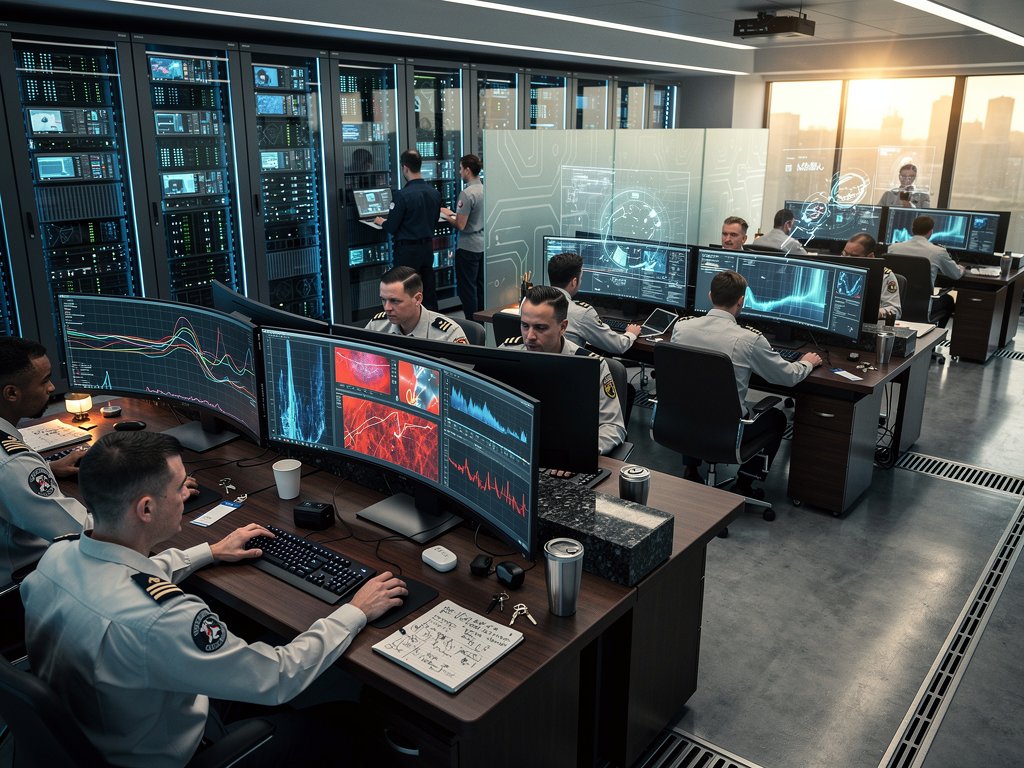 AI dashboards displaying predictive machinery health analytics in a high-tech naval operations center with server racks and data visualizations