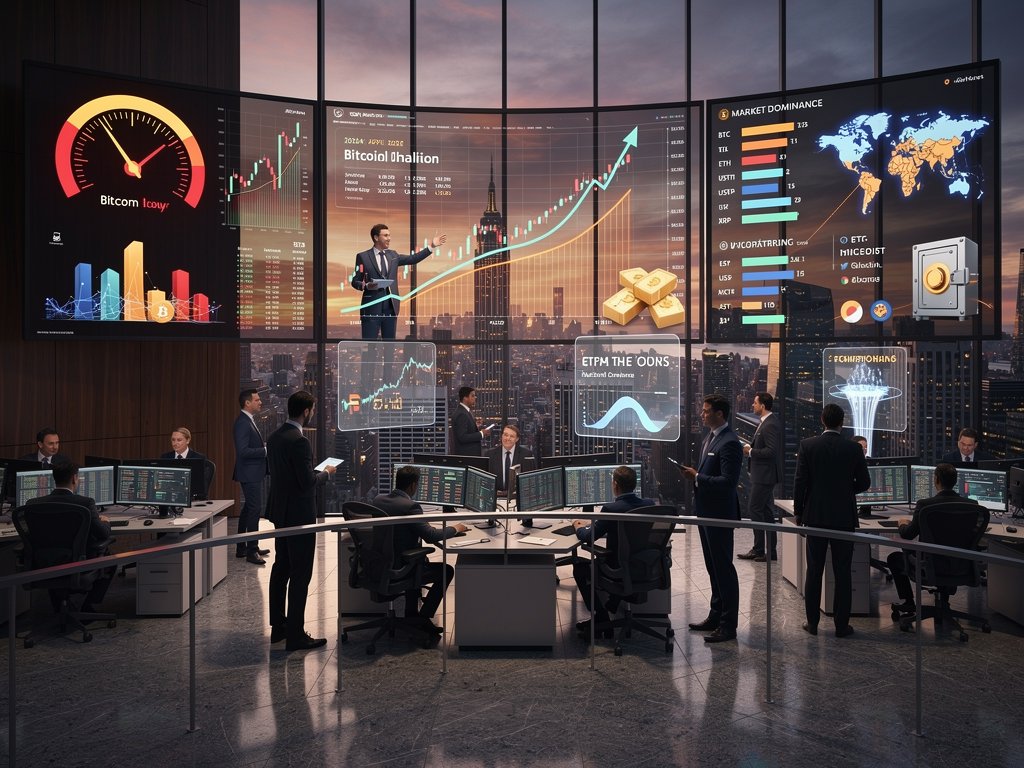Wall Street trading floor monitors showing Bitcoin price prediction charts to $140K and blockchain metrics