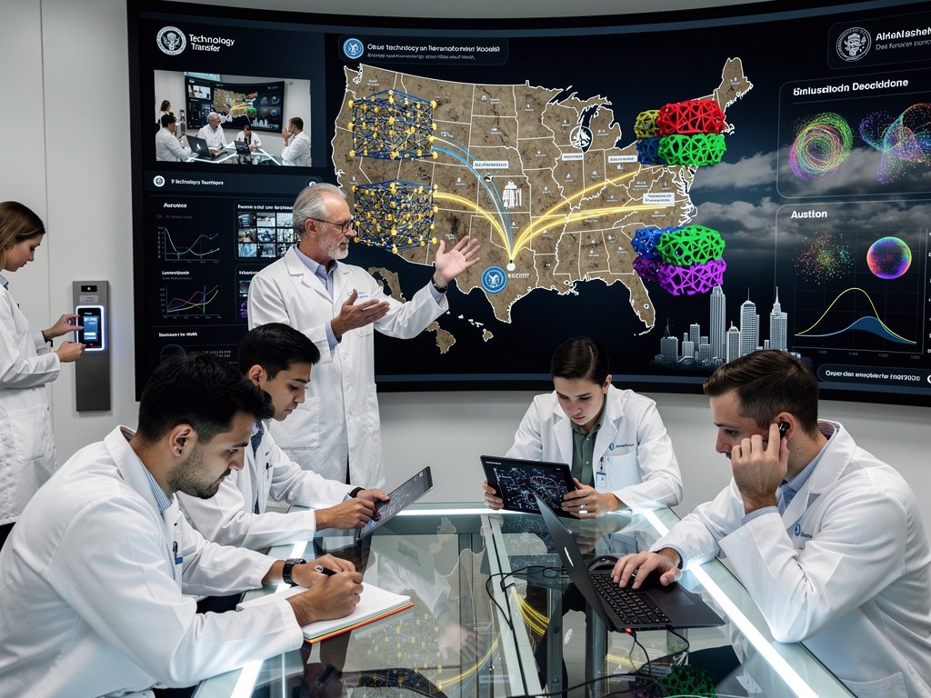 Virtual NSF TechAccess webinar screen showing AI tech transfers, neural networks, and U.S. map in high-tech lab environment