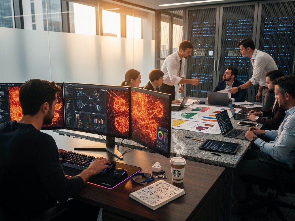 High-tech cybersecurity center with monitors scanning AI vulnerabilities, server racks, and diagrams amid dramatic lighting