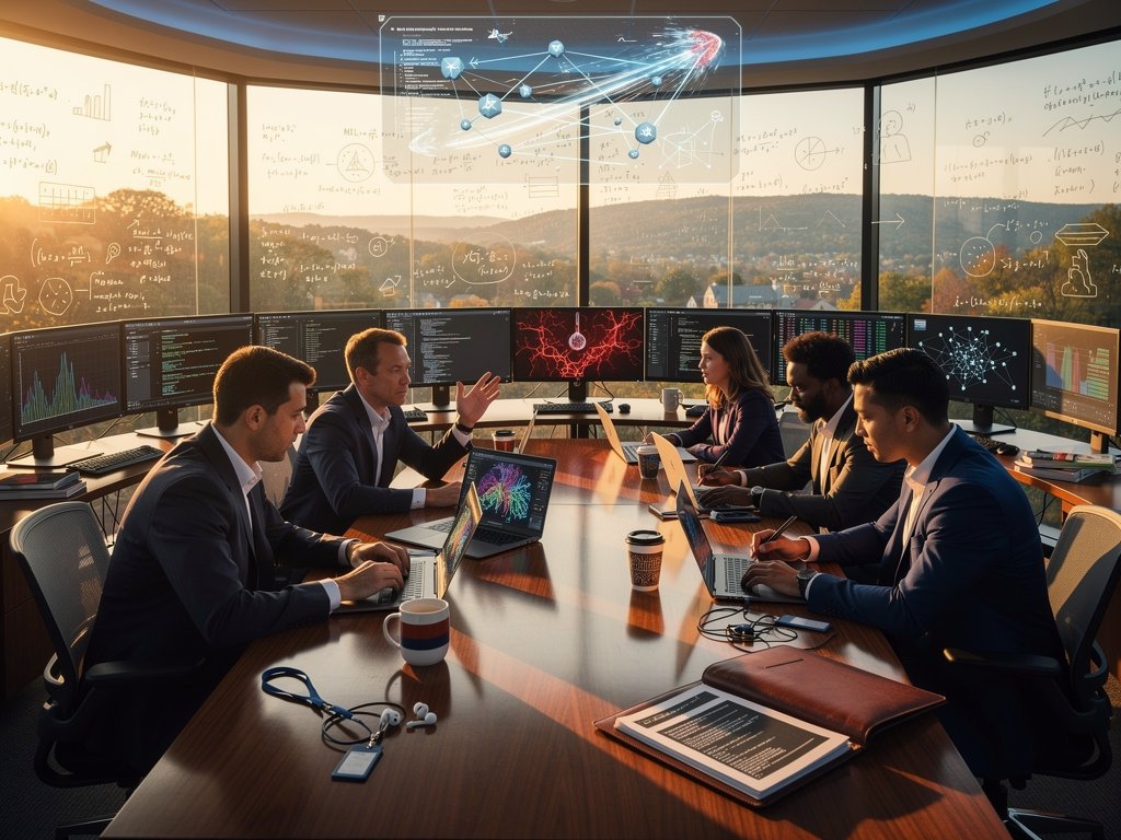 UVA researchers collaborate on ethical AI cybersecurity in modern lab with neural networks and threat dashboards