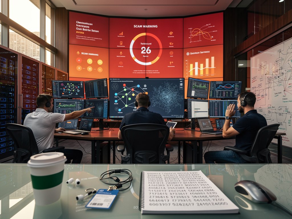 Cybersecurity operations center tracking Orlando cryptocurrency Ponzi scheme alerts, blockchain forensics, and crypto market declines on video walls