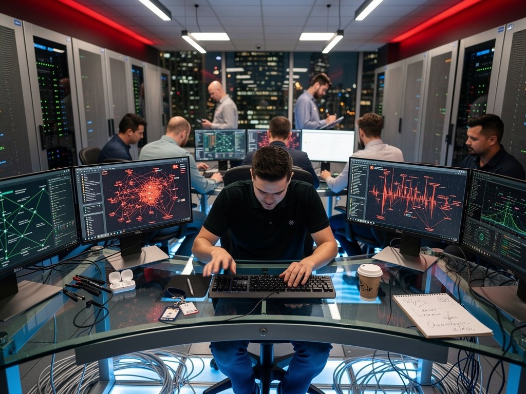 Cybersecurity analysts monitor blockchain transactions on multi-screen setups in a high-security Tier IV data center operations room