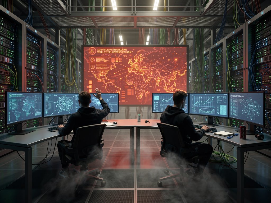 Cybersecurity analysts monitor blockchain transactions on multi-monitor consoles in a modern Tier IV data center with server racks and LED lighting