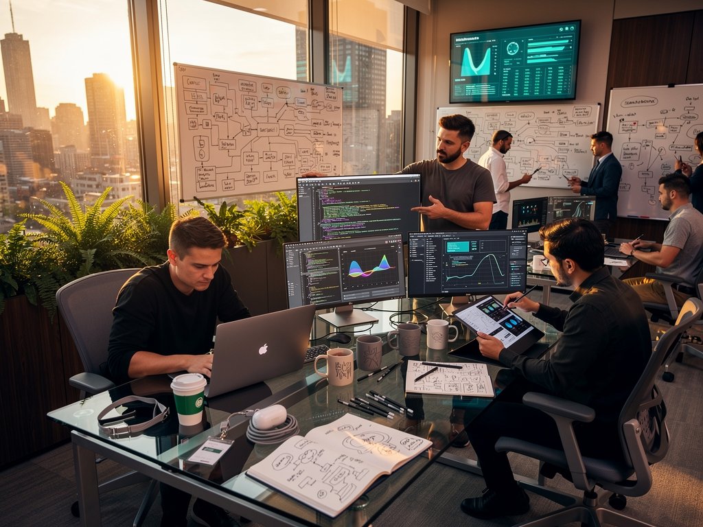 Startup office with MacBook Pro displaying WebGPU code, AI inference graphs, and Apple Silicon diagrams amid collaborative tech workspace