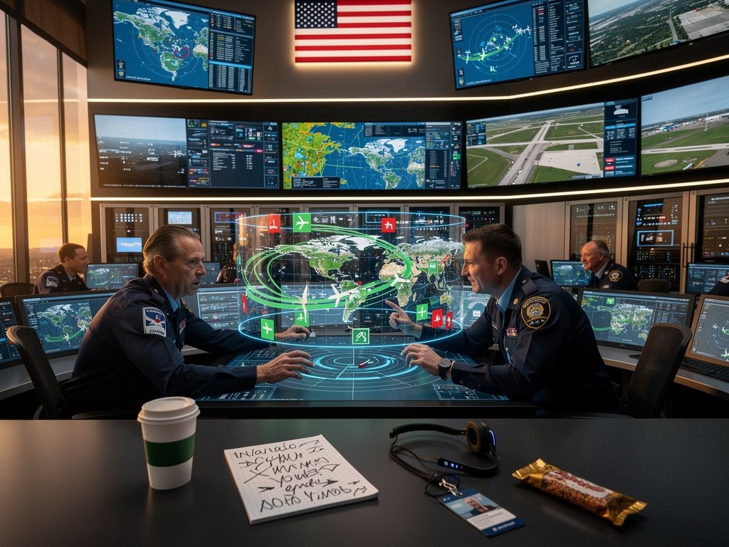 High-tech FAA command center with AI-enhanced displays for air traffic monitoring