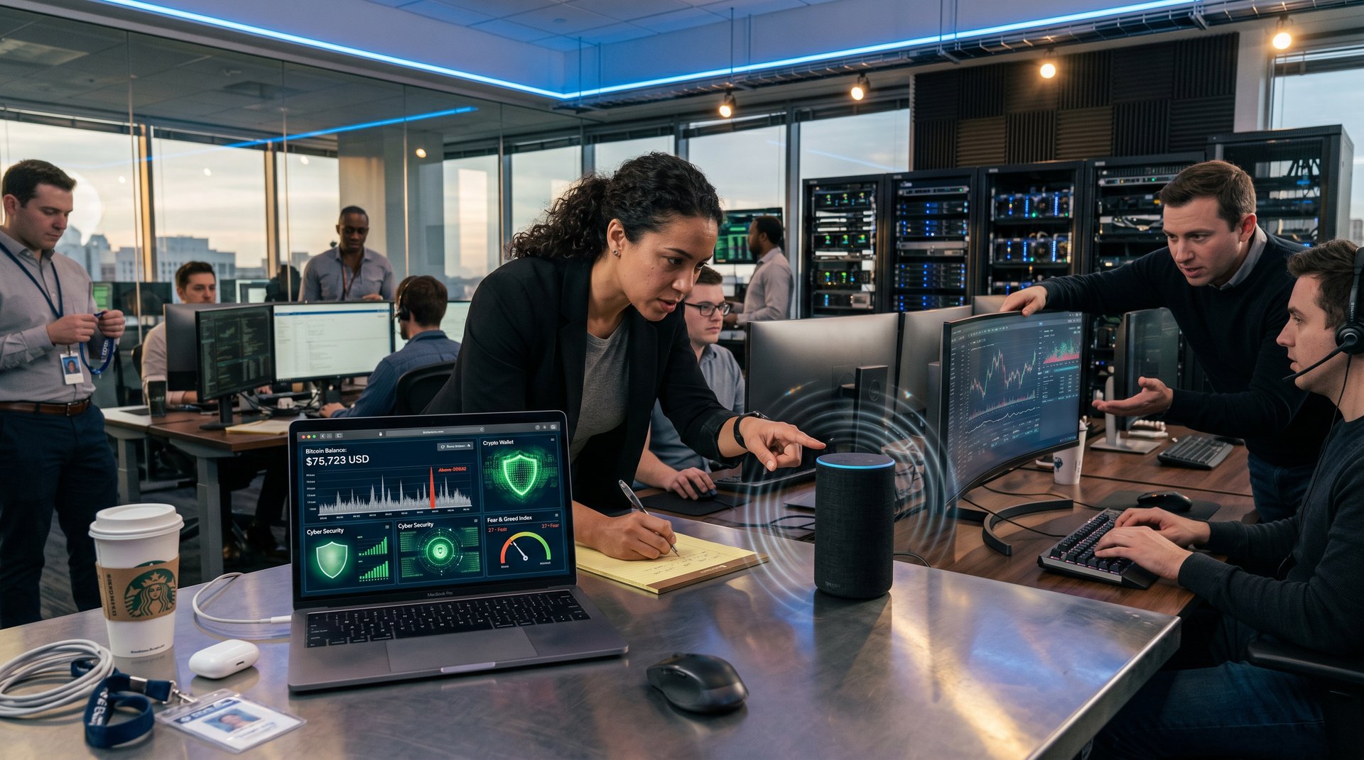 Smart speaker with ultrasonic waves, crypto wallet on laptop amid blockchain security visuals