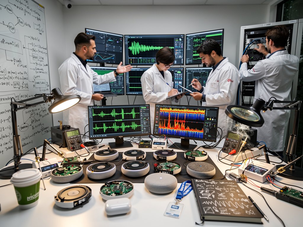 Lab workbench with smart speakers under test, oscilloscopes showing waveforms, and cybersecurity equipment