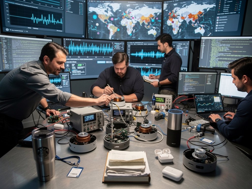 Cybersecurity team tests smart speakers for EM leaks in advanced SOC with monitors, test gear, and glowing data center racks