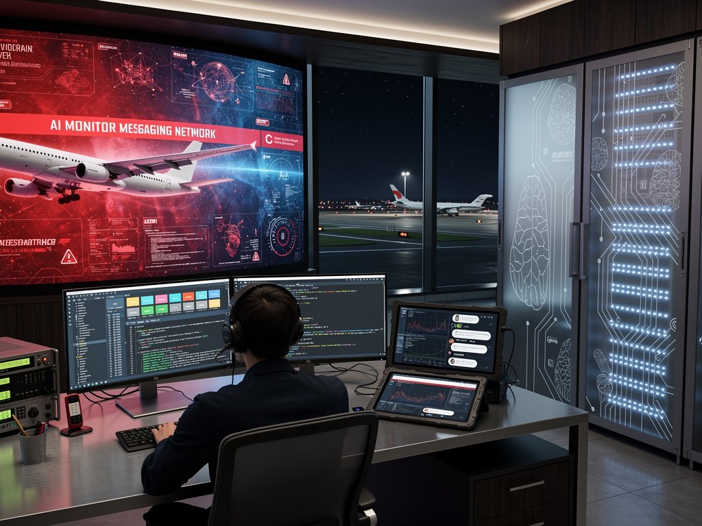 Aviation ops center with AI cybersecurity dashboards monitoring WhatsApp threats, curved screens, and high-tech consoles