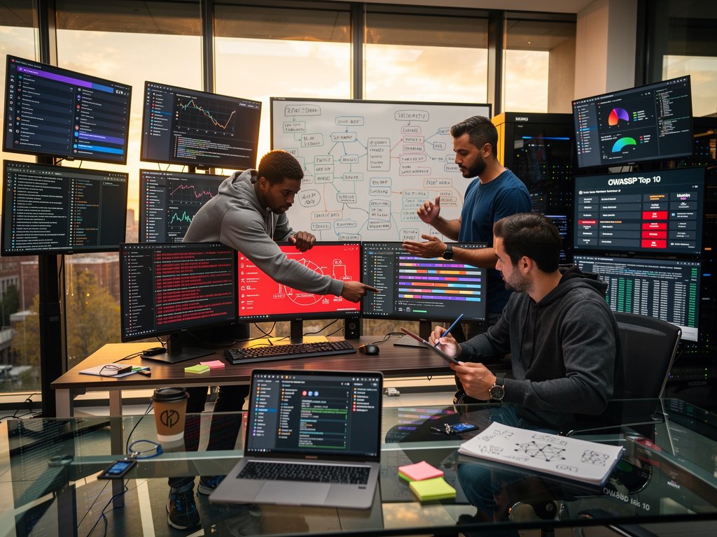 Startup dev team reviews vulnerable code and threat models amid crypto volatility charts in modern office