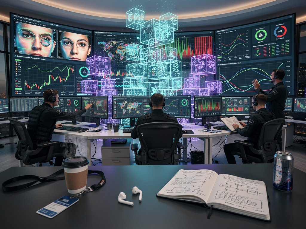Cybersecurity center screens show AI deepfake analysis and blockchain election security ledgers with crypto charts
