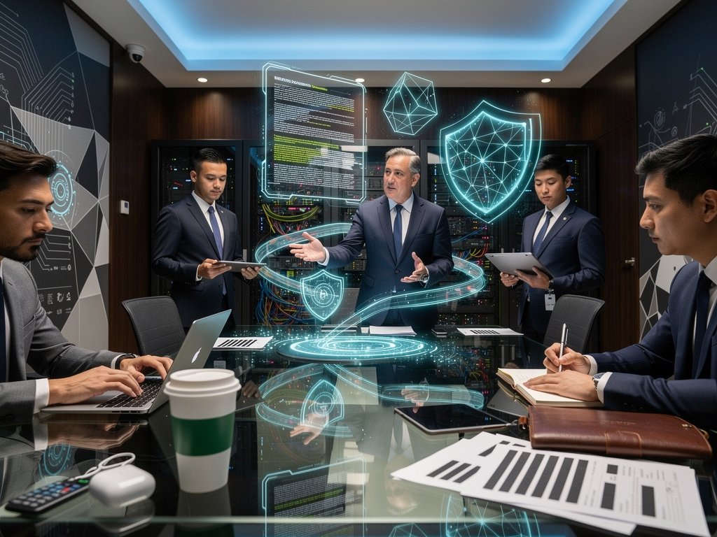 Futuristic legal tech workspace with holographic AI interfaces and cybersecurity visuals on desk
