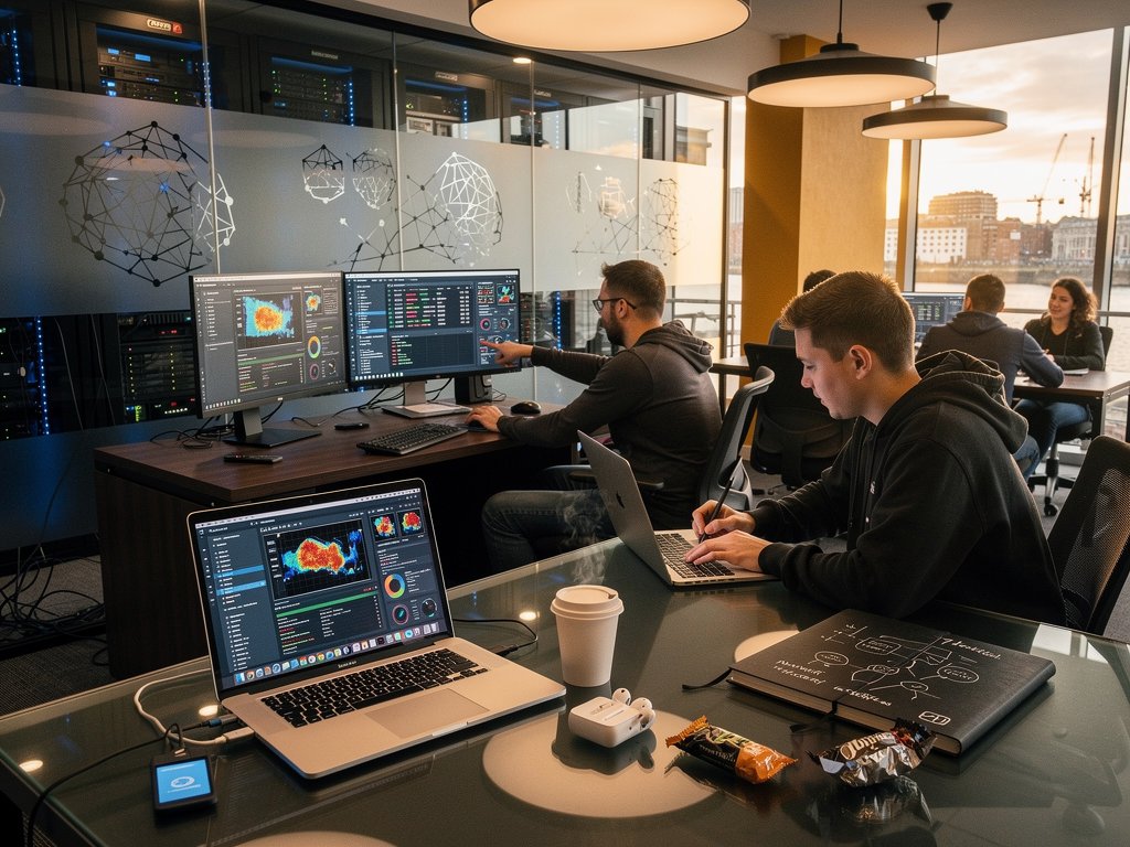 AI engineers in Dublin startup review model security on monitors amid modern office with neural network visuals and regulatory diagrams