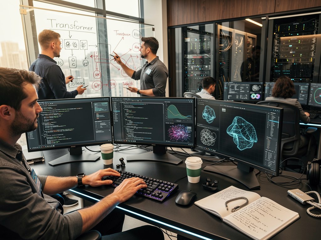 AI lab engineers analyze Mythos model cyber threats on multi-monitors with code, diagrams, and server racks in modern workspace