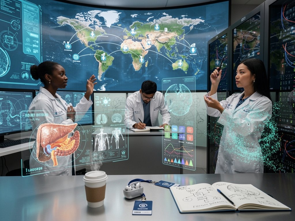 Futuristic AI security lab with holographic medical scans and threat dashboards amid server racks