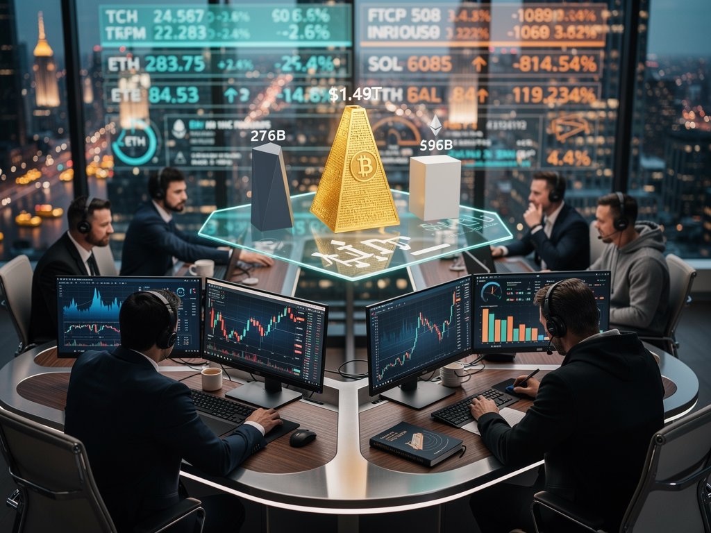 Fintech traders monitor Bitcoin price at $74K on screens amid ETF data and skyline view