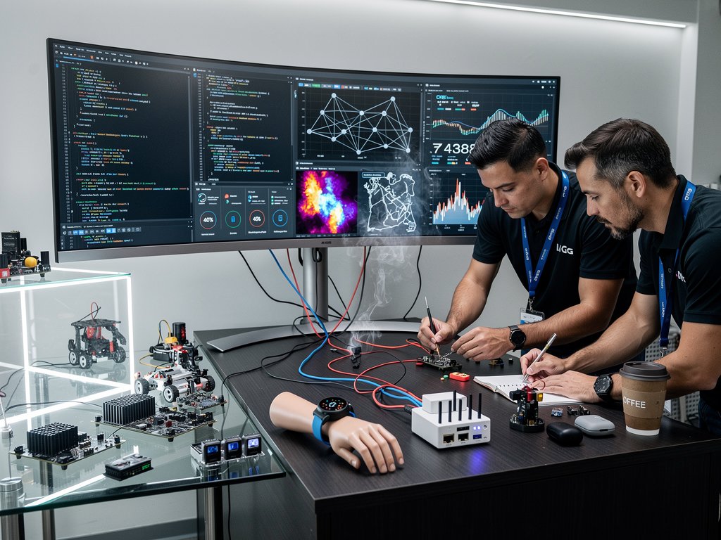 Electronics lab workbench with AI cybersecurity prototypes, chips, and monitors displaying threat detection graphs