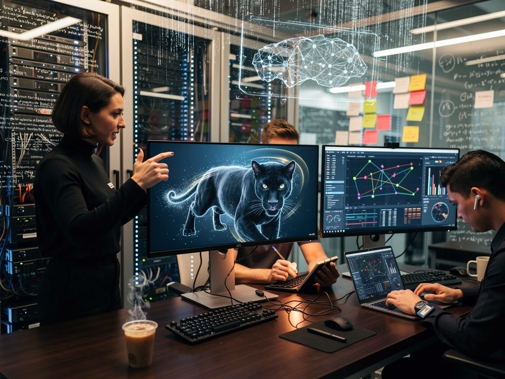AI workstation screen showing cat-to-panther image morph amid diffusion model visuals and GPU racks