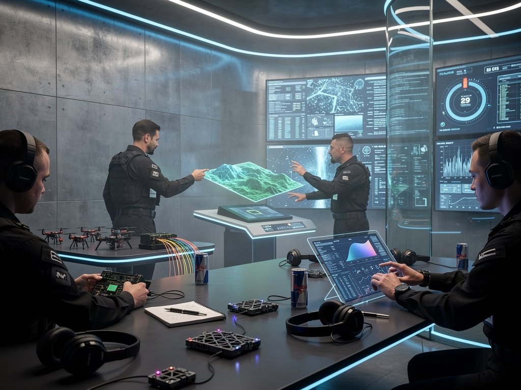 Holographic command center with AI mission analysis displays, drones, and engineers monitoring cyber-resilient military tech operations