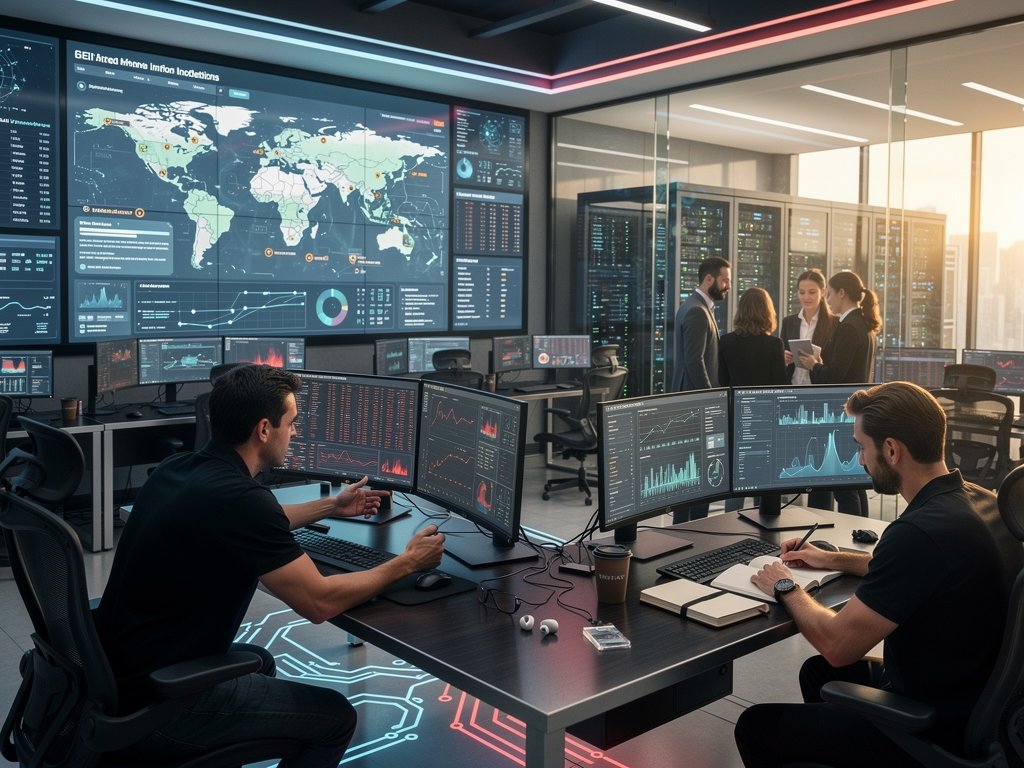 Multi-monitor dashboards display AI threat anomalies and model telemetry in futuristic SOC
