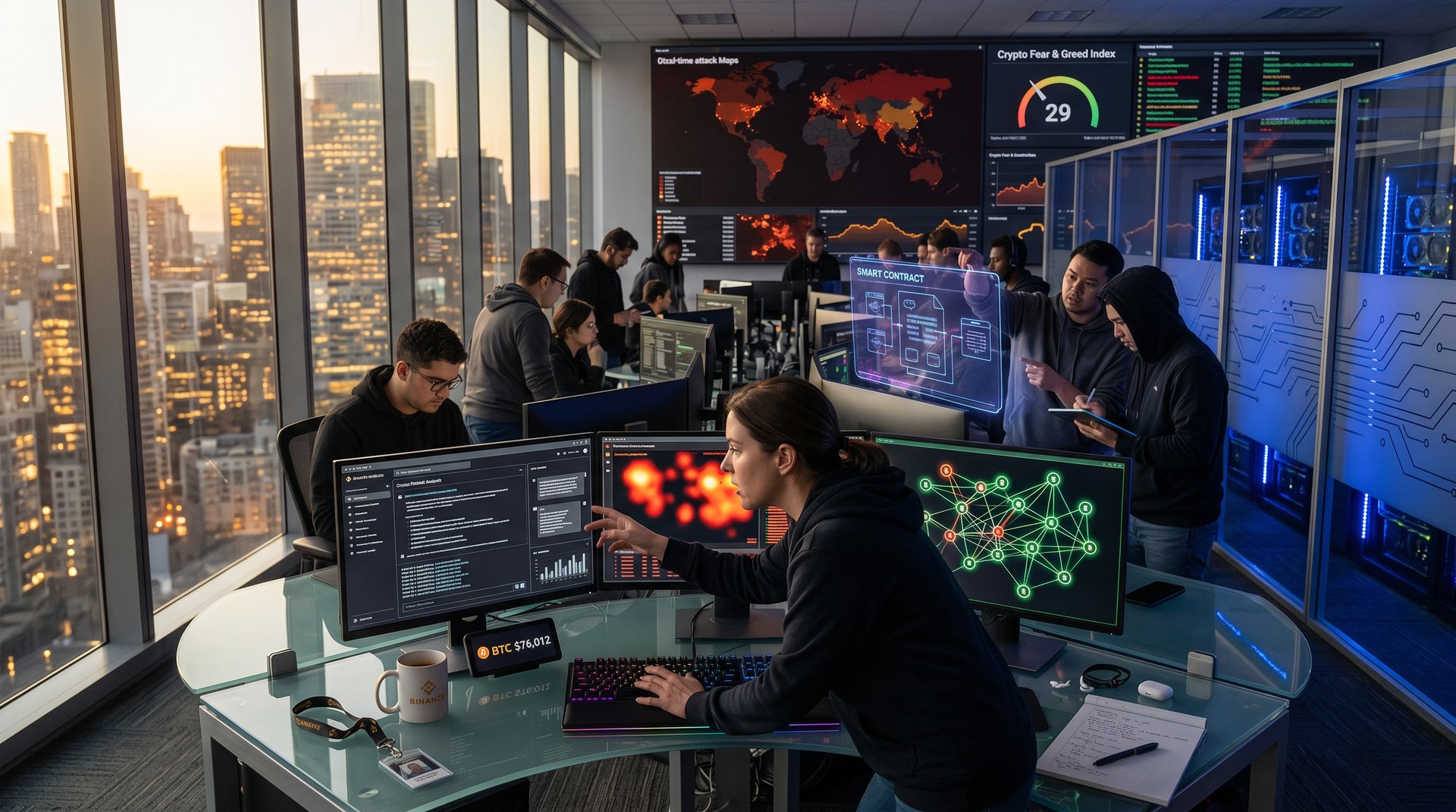 Engineer in fintech startup ops center with AI chatbot analyzing crypto threats, team viewing blockchain diagrams and price tickers