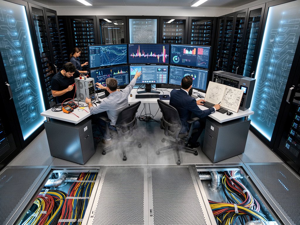 Secure data center with glowing server racks and monitors displaying AES encryption and quantum simulations