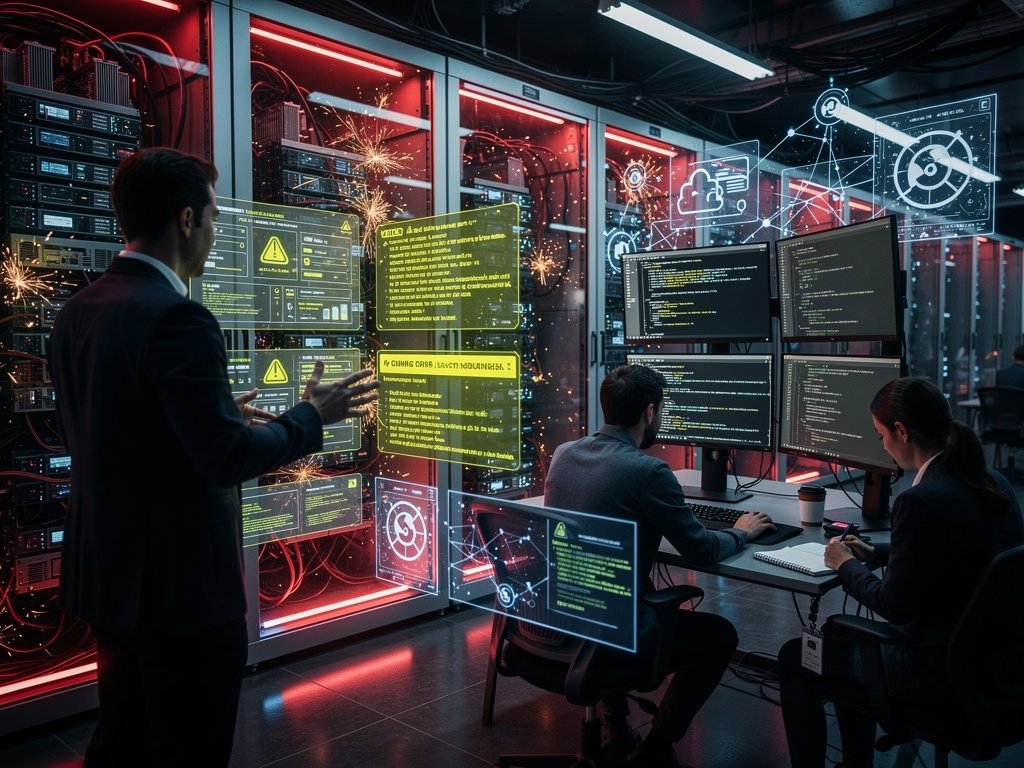 Cyberpunk data center with Anthropic MCP RCE alerts, Python deserialization code, crypto Fear Index charts, and breaking supply chain visuals