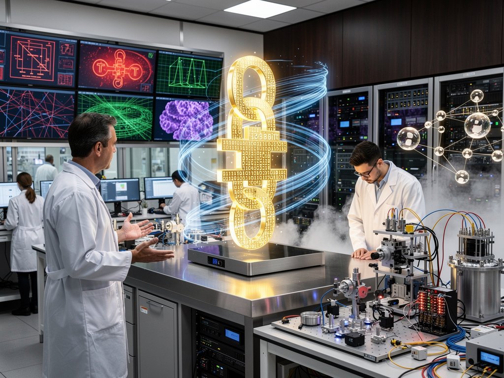 Holographic 128-bit key and Grover algorithm visualization in quantum lab with cryogenic and server elements