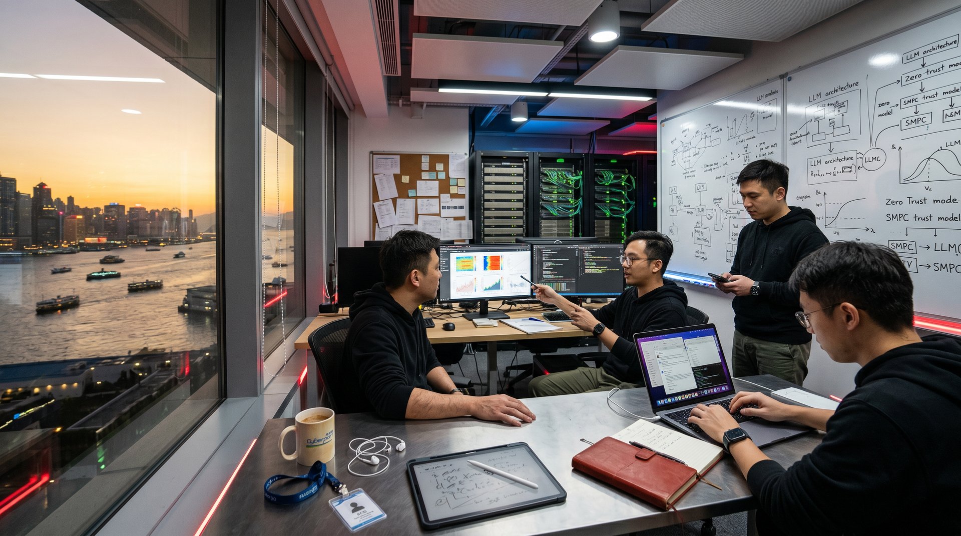 Futuristic Cyberport AI lab with glowing GPU servers, screens showing transformer models, SHAP charts, and ethical AI diagrams over Hong Kong harbor at dusk