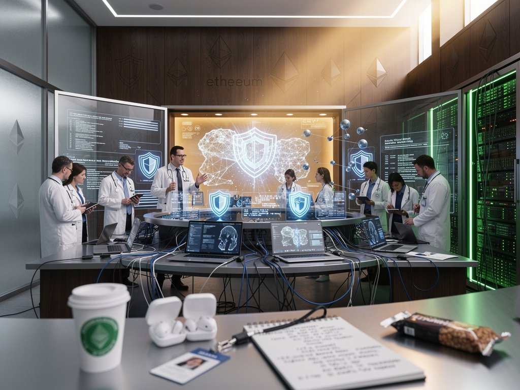 Futuristic healthcare blockchain AI command center with data flows and cybersecurity visualizations