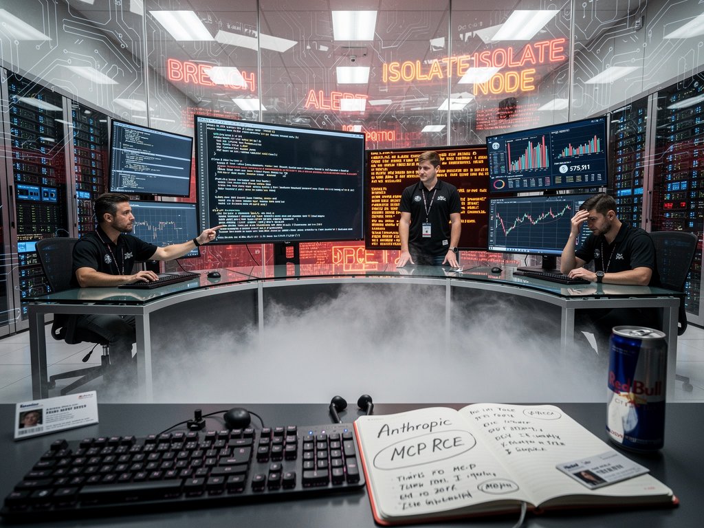 Digital cyber attack on AI neural network cluster highlighting Anthropic MCP RCE vulnerability amid crypto fear index charts