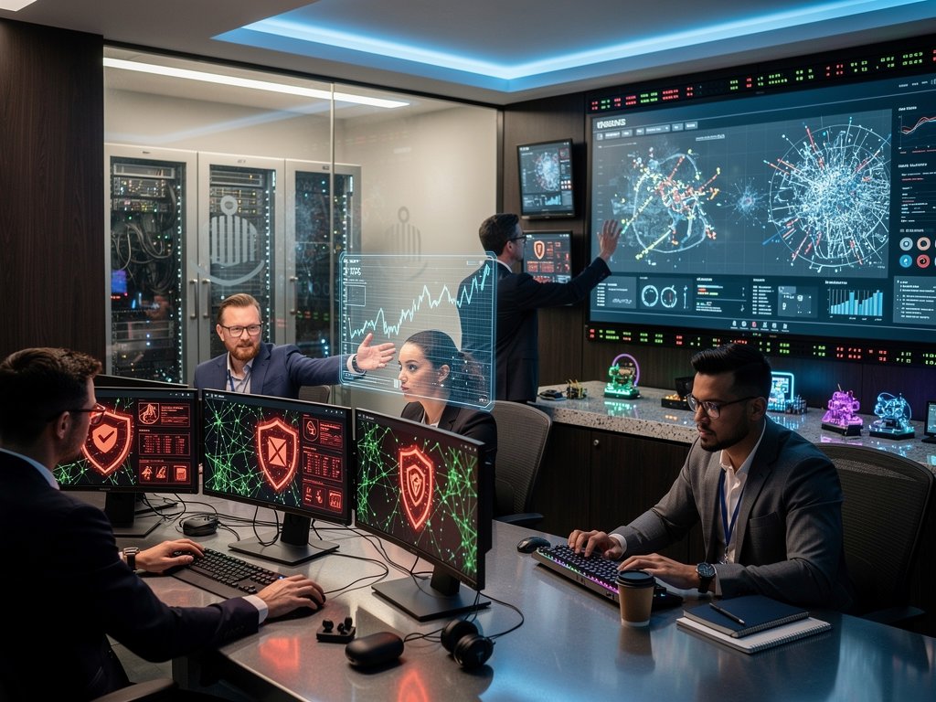 Healthcare AI cybersecurity dashboard in modern operations center showing secure patient data flows and threat detection