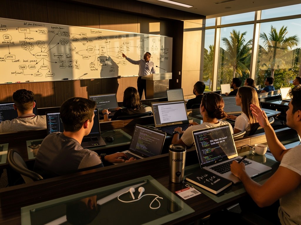 Florida university students in AI ethics and cybersecurity class with neural nets on screens and palm trees outside