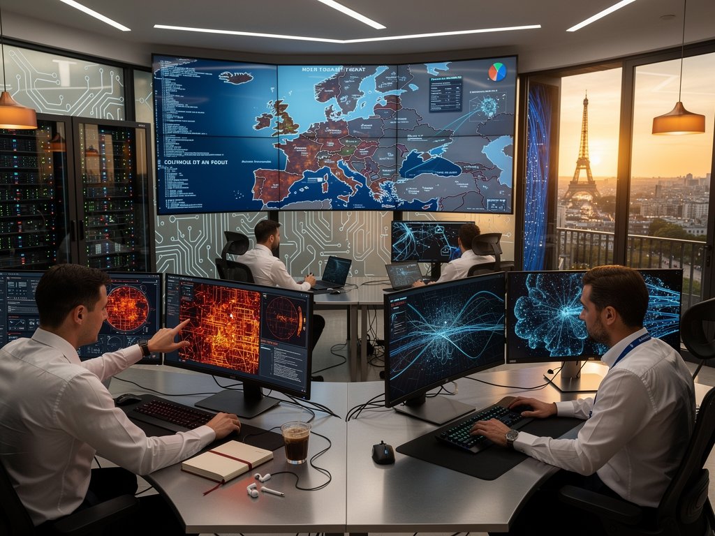 Abstract view of AI threat heatmaps, neural networks, and cyber defense visualizations in Orange SOC